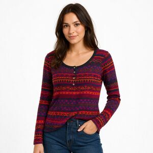 Splendid Shirt Womens Medium Multicolor Fair Isle Henley Jersey Long Sleeve Top